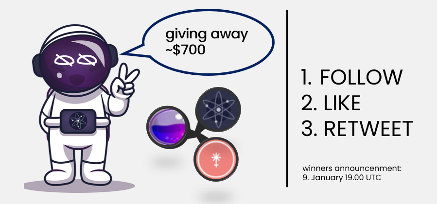 GM anon! To increase our followers that interact in the Cosmos ecosystem, we give away 10 $ATOM, 20 $OSMO, and 20 $JUNO. To participate: 
- Follow us
- Like
- Retweet
Winners will be announced on Twitter in ~36 hours.
#GIVEAWAY #CRYPTO #COSMOS #ATOM #JUNO #OSMOSIS #JUNO #IBCGANG