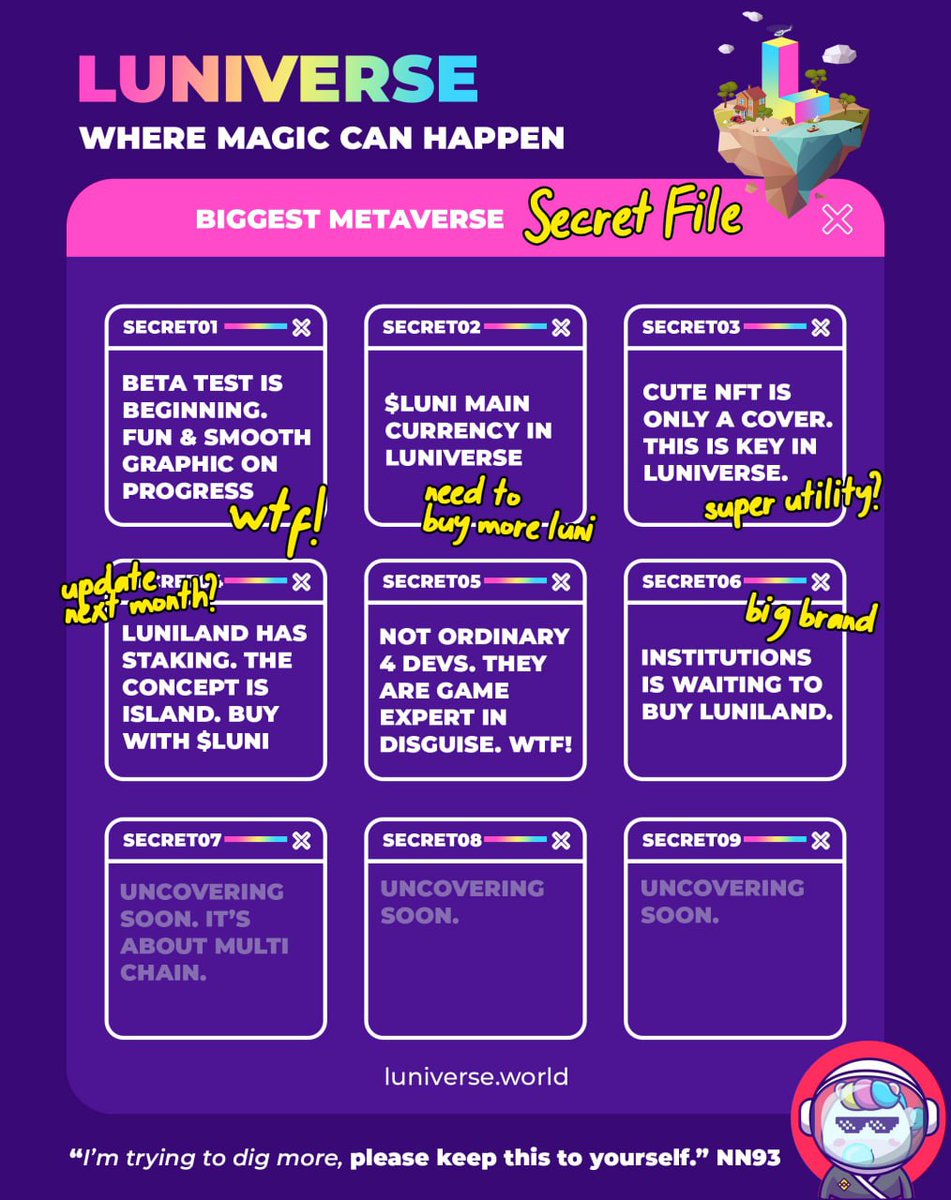 $LUNI is the next $SAND &amp; $MANA TOGETHER

@luniverseworld will be the hottest #metaverse project of 2022. This is going to +$1b MC

dextools.io/app/bsc/pair-e…

If you don't APE and HODL here you know nothing about #crypto

t.me/Luniverseworld