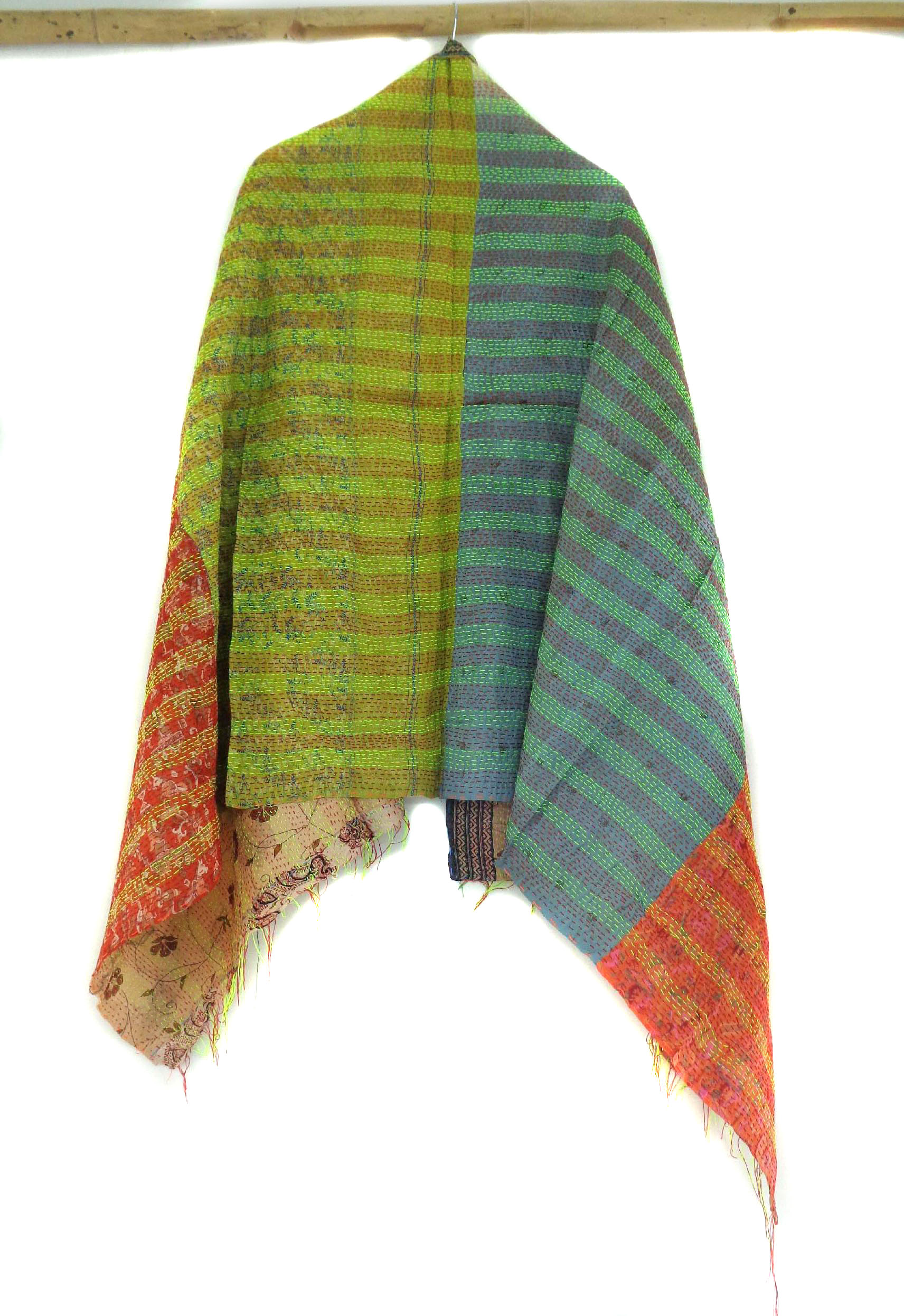 Handmade long Silk Kantha Scarf Neck Wrap Stole Dupatta Hand Quilted Women Shawl Stitched KR40