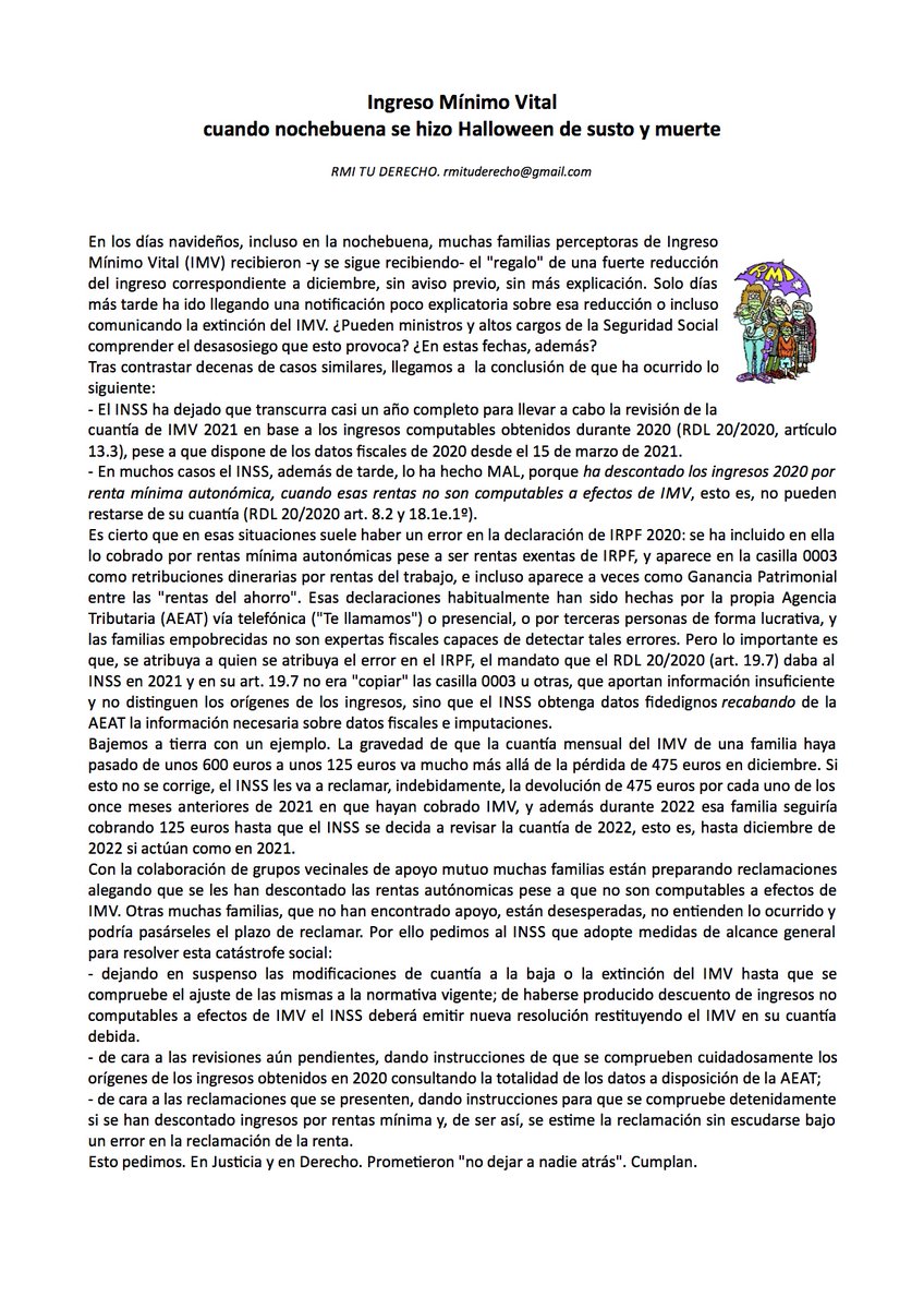 El  ministerio <a href="/inclusiongob/">Ministerio Inclusión Seguridad Social Migraciones</a> <a href="/joseluisescriva/">José Luis Escrivá</a> convierte Nochebuena en Halloween de susto y muerte para cientos de familias bit.ly/3qYmYdn Comunicado @rmituderecho Descontar de #IMV rentas mínimas es ilegal pero se lo han hecho ¡Basta ya de "dejar atrás"!