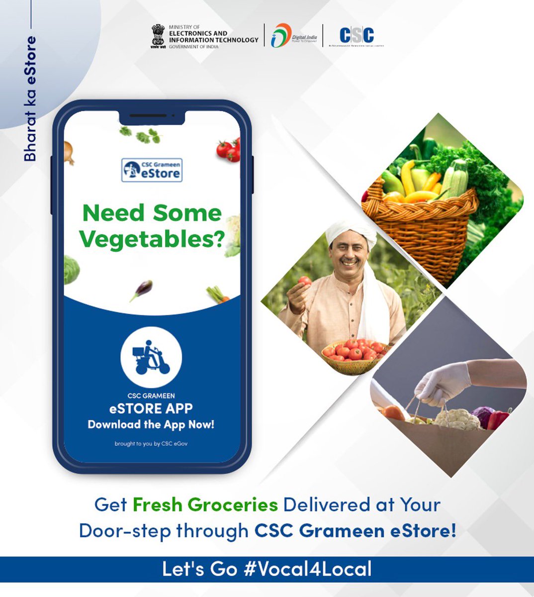 _DigitalIndia's tweet photo. #BharatKaEstore | Who doesn’t like fresh vegetables! Now your local vegetable seller is on @CSCeStore. So, simply order online &amp; shop conveniently, comfortably and at your own pace.  
Let's go #Vocal4Local.
Visit -> https://t.co/0ve77PEXkP https://t.co/iIbmTL08yB