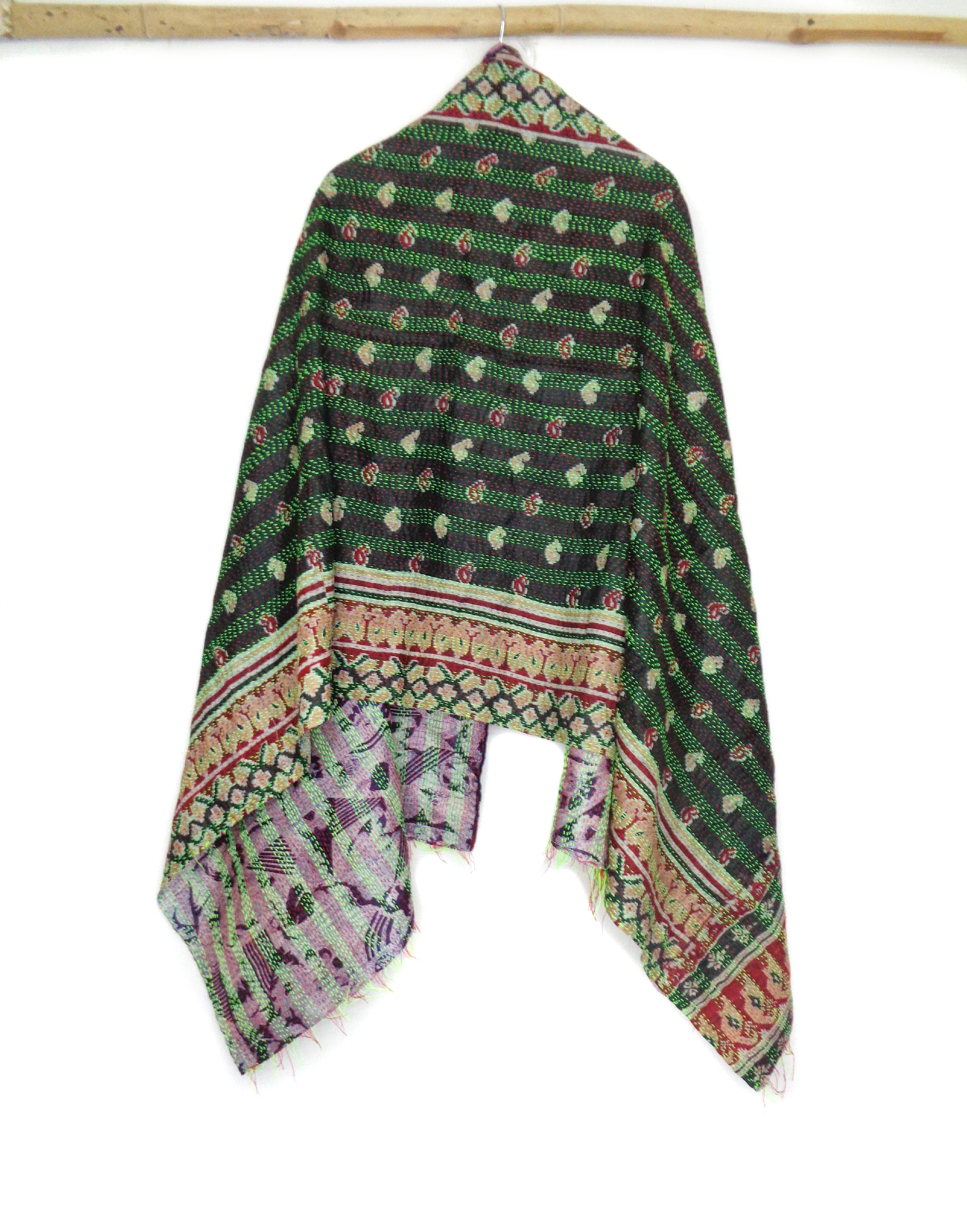 Handmade long Silk Kantha Scarf Neck Wrap Stole Dupatta Hand Quilted Women Scarves Reversible KR02