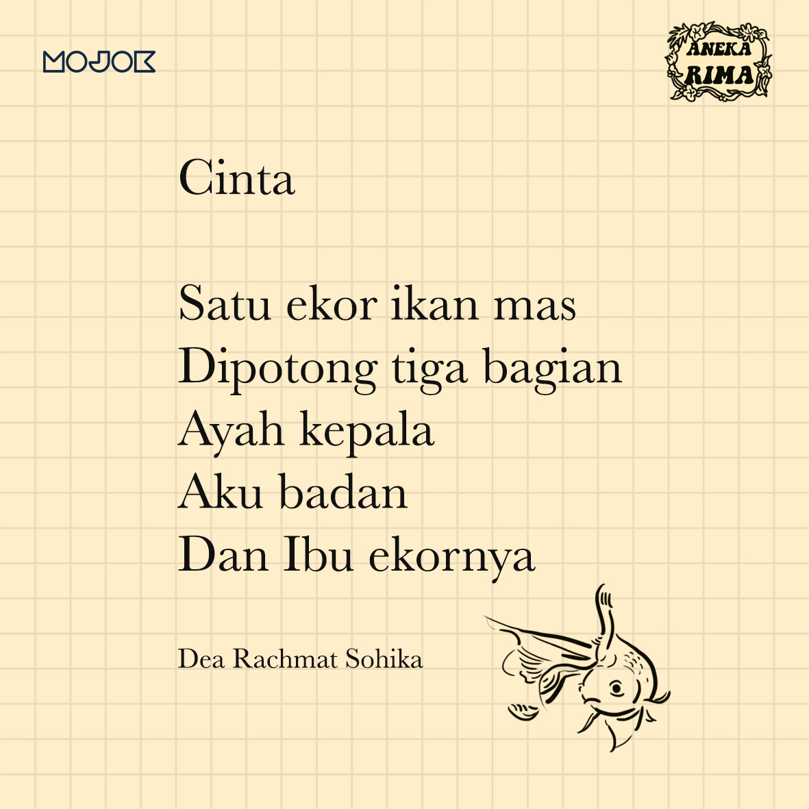 mojokdotco's tweet photo. Puisi pertama dari rubrik Aneka Rima. Sebuah puisi pendek yang membicarakan cinta dengan sederhana.

Kalian punya stok puisi dan ingin ditayangkan di rubrik ini juga? Kalian bisa mengirimkan puisi kalian ke medsos@mojok.co dengan subjek Aneka Rima. #AnekaRima https://t.co/k1hl6xzt1g
