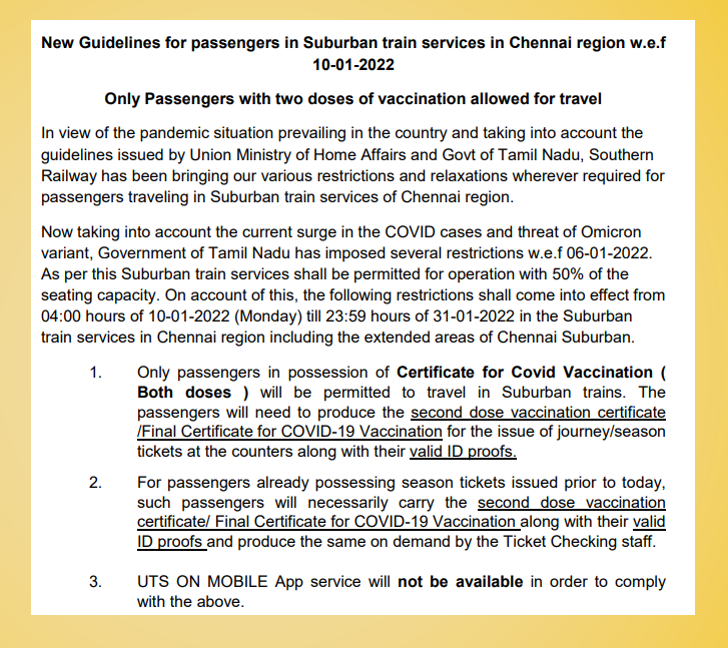 GMSRailway's tweet photo. Dear #Chennai Suburban commuters!

Please take note of the new restrictions imposed for travel in Chennai suburban w.e.f 10th January 2022 (Monday)

Please follow #COVIDAppropriateBehaviour and travel safely! https://t.co/78pFUPqRLf