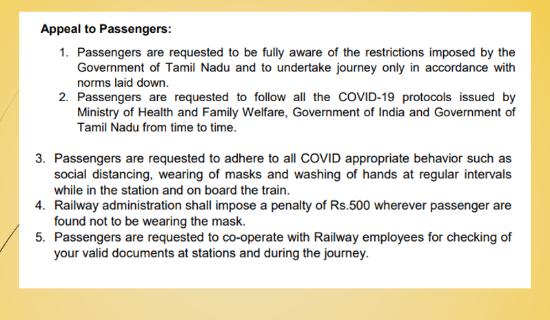 GMSRailway's tweet photo. Dear #Chennai Suburban commuters!

Please take note of the new restrictions imposed for travel in Chennai suburban w.e.f 10th January 2022 (Monday)

Please follow #COVIDAppropriateBehaviour and travel safely! https://t.co/78pFUPqRLf