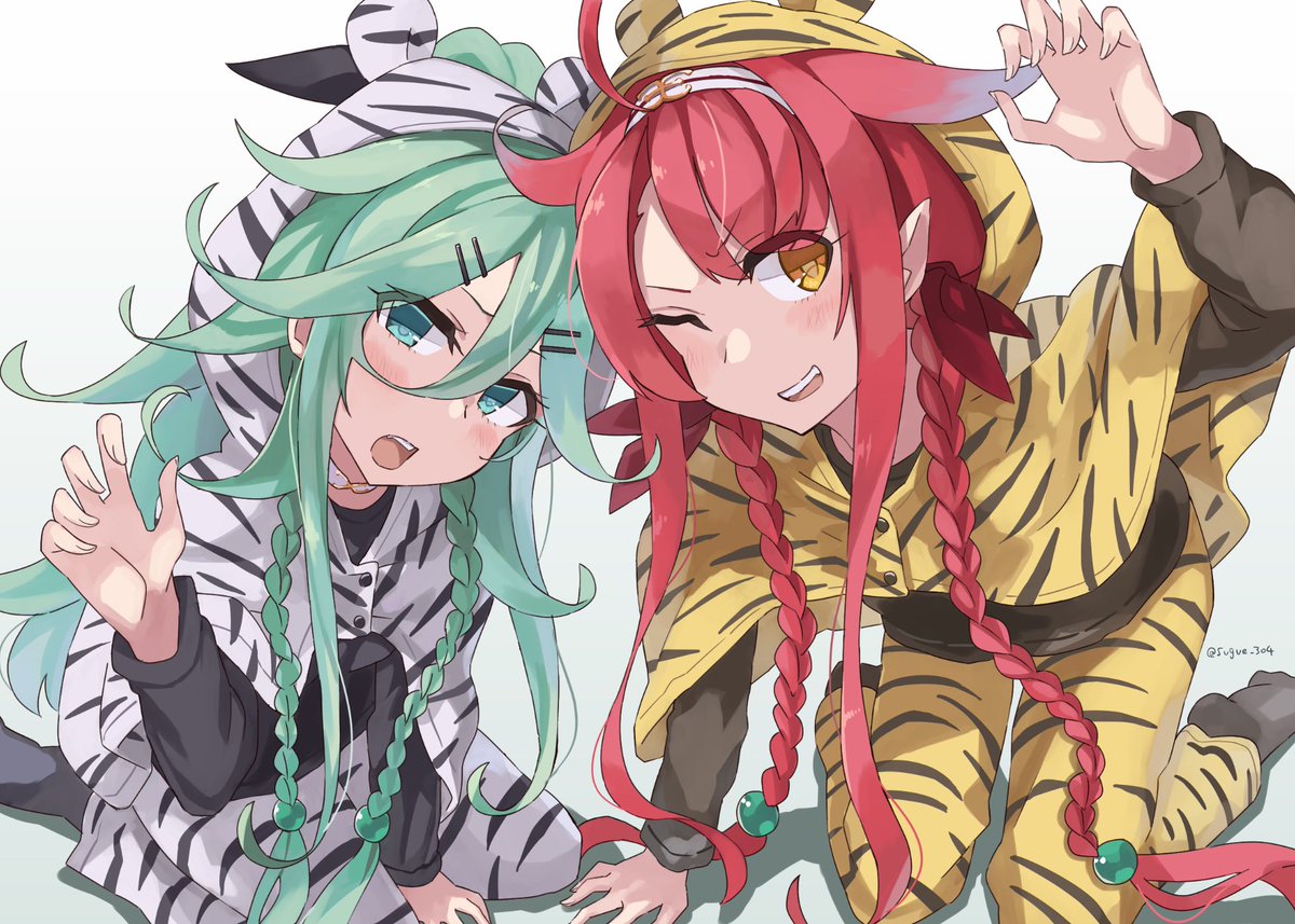 kawakaze (kancolle) ,yamakaze (kancolle) multiple girls 2girls twin braids long hair red hair braid green hair  illustration images