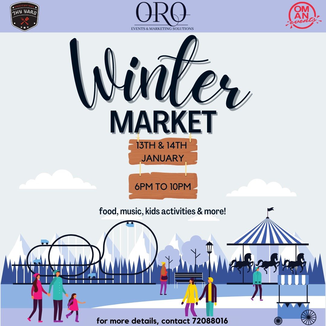 bringing you a vibrant Winter Market on the 13th &amp; 14th of January from 6pm to 10pm
Come one, come all and enjoy delectable food, games, kids activities, arts, crafts and more
For more details contact 72088016 

Location -Thy.yard,Bausher 
Timing - 6pm to 10pm
Dates - 13th &amp; 14