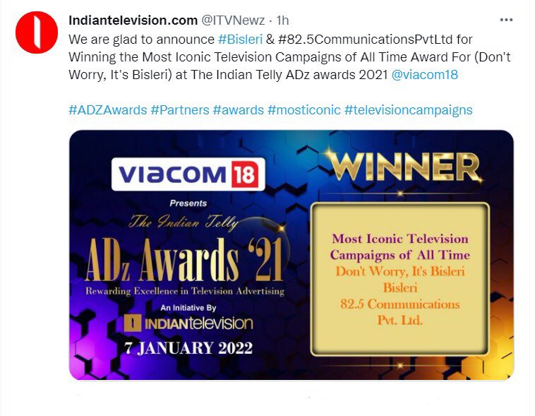 Our Bisleri Camels campaign won the Indian Telly Adz Awards 2021 “Most Iconic Television Campaign of All time” award!! This is awarded to the most iconic Indian advertising campaigns of the 21st century!
#BisleriInternational  #82point5communications #Ogilvy #viacom18 #ADZAwards