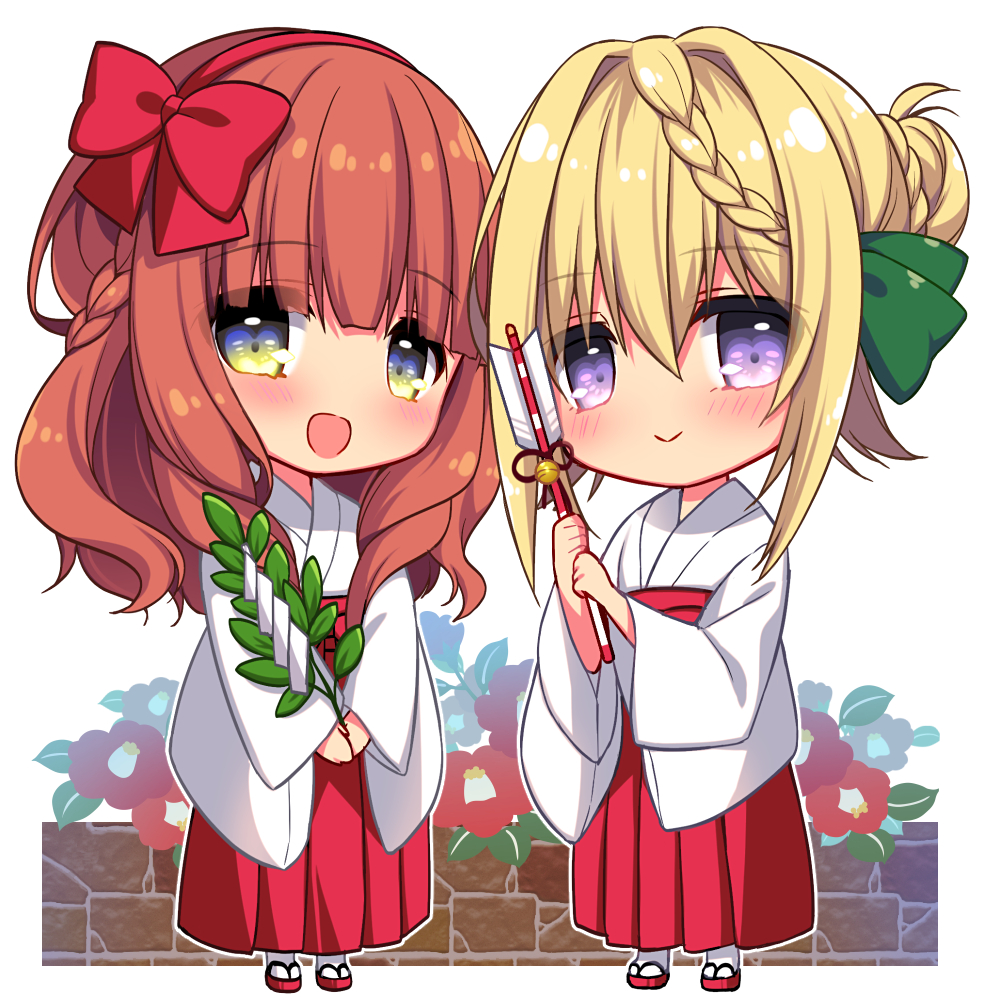 perth (kancolle) multiple girls 2girls miko red hakama braid blonde hair hamaya  illustration images