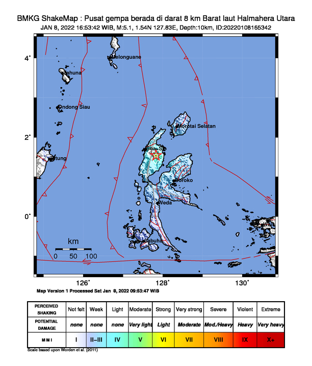 #Gempa Mag:5.1, 08-Jan-22 16:53:42 WIB, Lok:1.54 LU, 127.83 BT (Pusat gempa berada di darat 8 km Barat laut Halmahera Utara), Kedlmn:10 Km Dirasakan (MMI) III Tobelo, III Ternate, III Jailolo, III Weda, II Daruba, II Tidore #BMKG