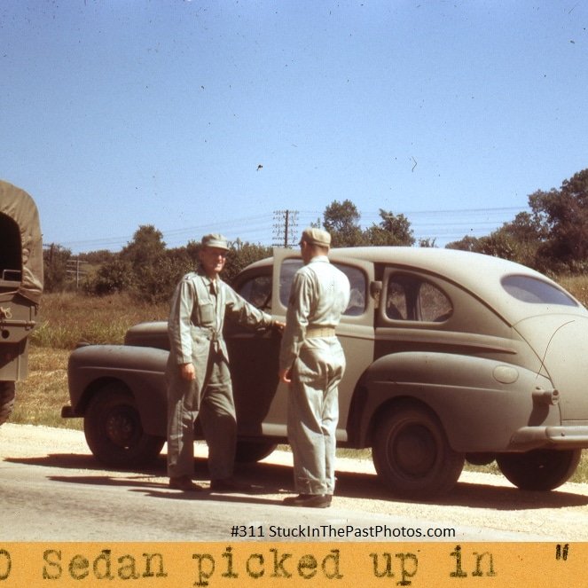 311# 'Sedan picked up in San Antonio 1942. Photo taken by Sanford W. Stuck. #USArmy #WW2 #ww2incolor #classiccars #militaryvehicles