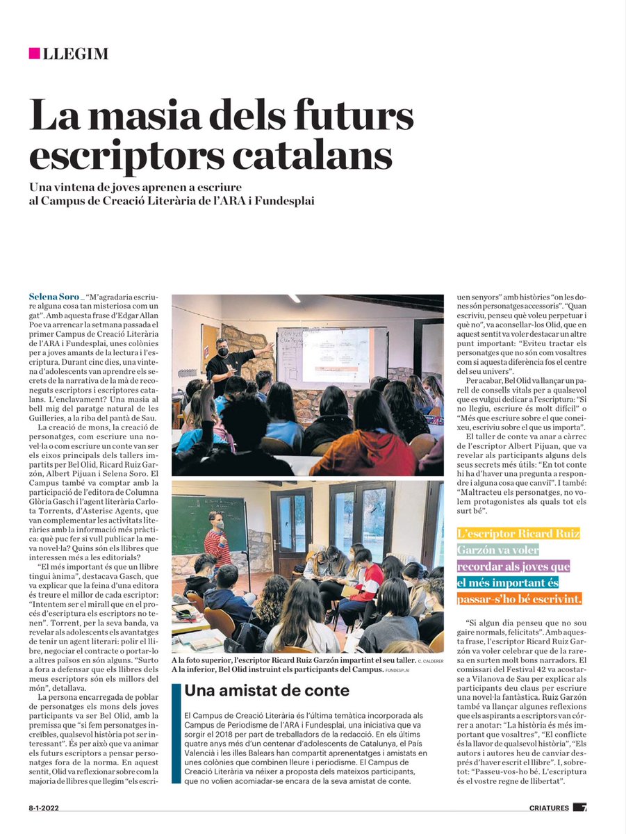 Quina meravella el Campus literari del <a href="/diariARA/">diariARA</a> i <a href="/fundesplai/">Fundesplai</a>. 24 nois i noies han gaudit d’uns dies a la casa de colònies de Can Mateu fent activitats de natura i sessions de treball amb escriptors/es com <a href="/BelOlid/">Bel Olid</a> <a href="/SelenaSoro/">Selena Soro</a> o <a href="/RicRuizGarzon/">Ricard Ruiz Garzón</a>. Avui ho explica l’@ARAcriatures