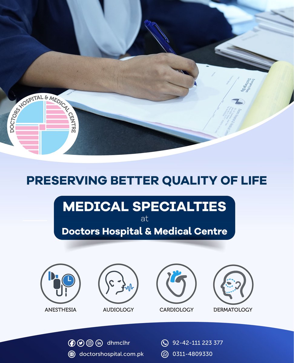 dhmclhr's tweet photo. Preserving Better Quality of Life
Medical Specialties at @dhmclhr are equipped to handle challenging diagnostic problems as well as chronic and acute illnesses covering a wide spectrum of clinical fields.
#dhmc #doctorshospital #anesthesia #doctor #medical #Lahore #Pakistan https://t.co/oRu9tMzuDR