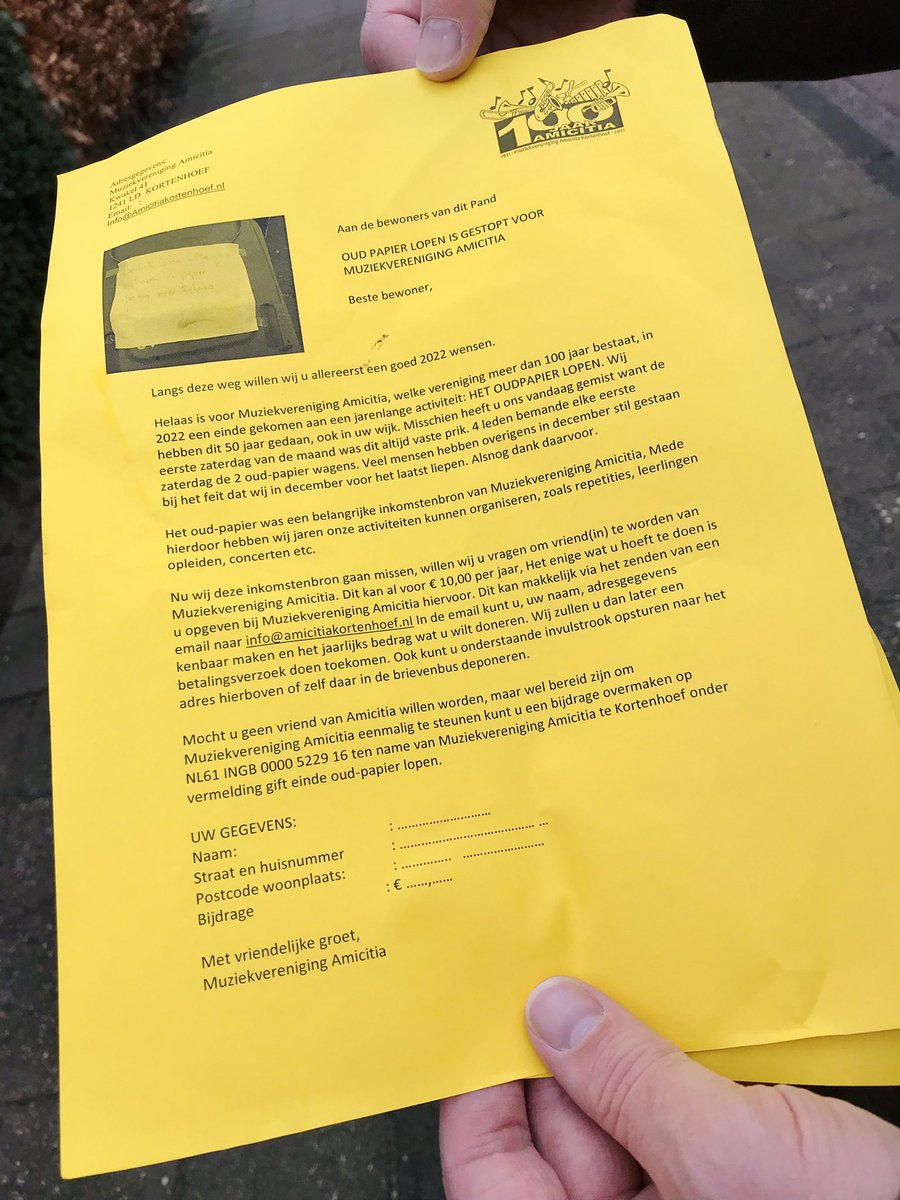 Vandaag geen oud papier ophalen, maar wel een rondje door onze wijk.
Word jij ook ‘Vriend(in) van Amicitia’?
Stuur een e-mail naar info@amicitiakortenhoef.nl