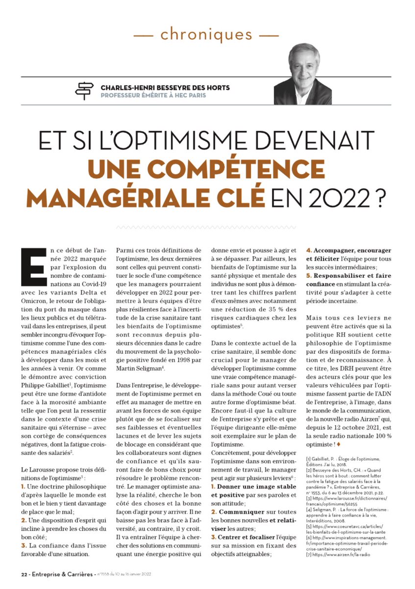 🗣 « Et si l’optimisme devenait une compétence managériale clé en 2022 ? » par <a href="/chbesseyre/">Besseyre des Horts C</a> <a href="/EetC_redaction/">Entreprise&Carrières</a>