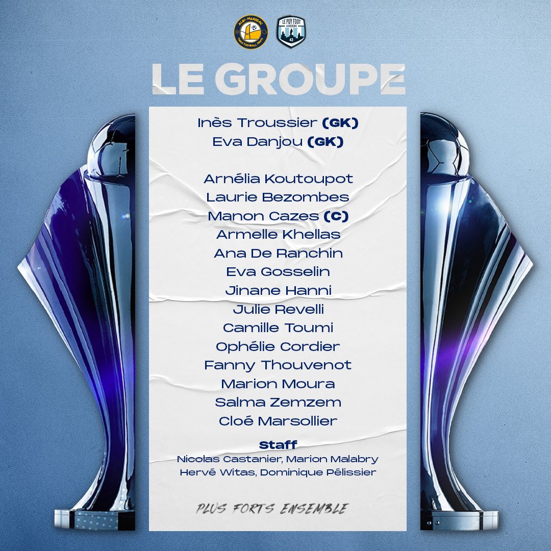 amtf_asptt's tweet photo. ⏳ H-3
Voici le groupe retenu pour affronter @lepuyfoot dans ce 16e de finale de la Coupe de France Féminine.
💙💛
#AMTF #PlusFortsEnsemble #CDFF #AMTFLEPUY https://t.co/NzAUwi6kFI