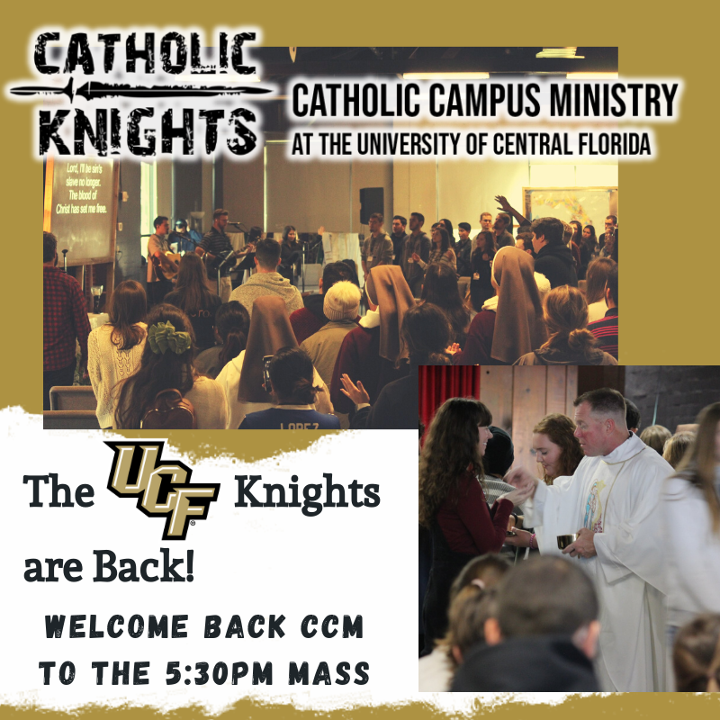 oviedocatholic's tweet photo. This weekend we welcome back our UCF Knights and the young adults from Catholic Campus Ministries as they return from their Christmas break to resume another semester of studies. God Bless our Knights! #growdeep #reachwide #oviedocatholic https://t.co/nSxzxzJQzY