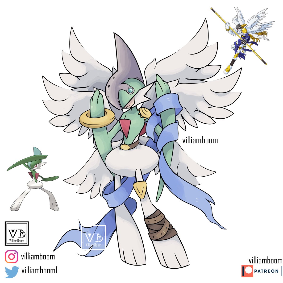 I know I have shared this design several times before but it is what happens in the week of Pokemon X Digimon02 😂. Gallade X Angemon! #digimon #digimonadventure #digimon02 #gallade #fakemon #fanart #artist #pokefusion #villiamboom #pokemonxdigimon