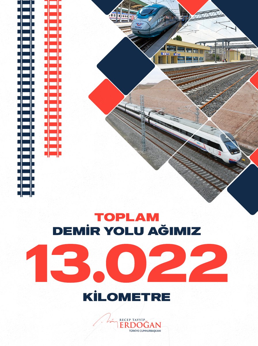 10 bin 959 kilometrede devraldığımız demir yolu hatlarının tamamını, neredeyse sıfırdan yapılmışçasına yeniledik. Toplam demir yolu ağımızı 13 bin 22 kilometreye çıkardık.

Ülkemizi demir ağlarla örmeye devam edeceğiz.