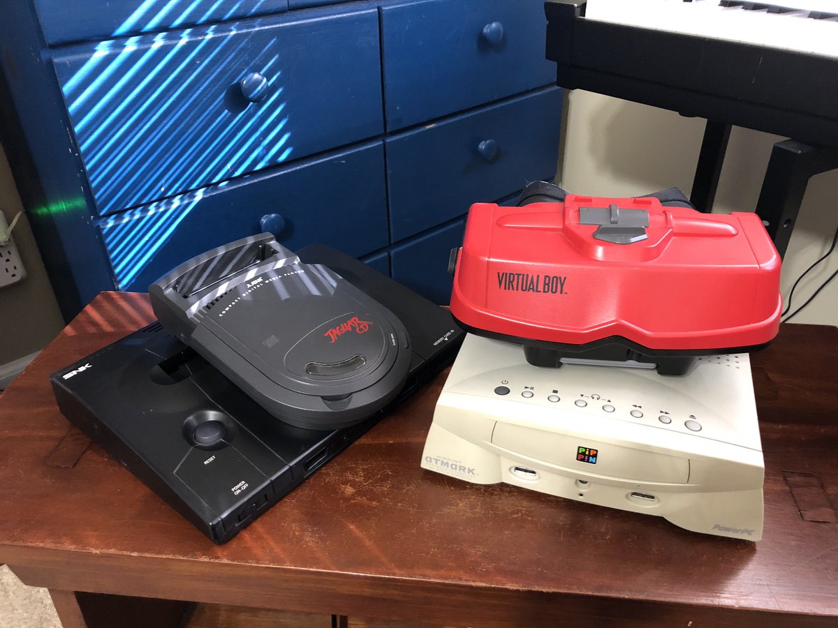 When I woke up this morning, I found my Virtual Boy partying with a Bandai Pippen, Neo Geo AES, and a Jaguar CD system The bad boys of video game history