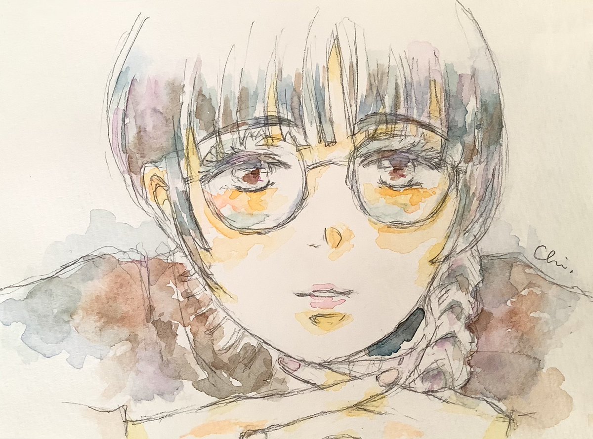 1girl solo glasses traditional media looking at viewer brown eyes parted lips  illustration images