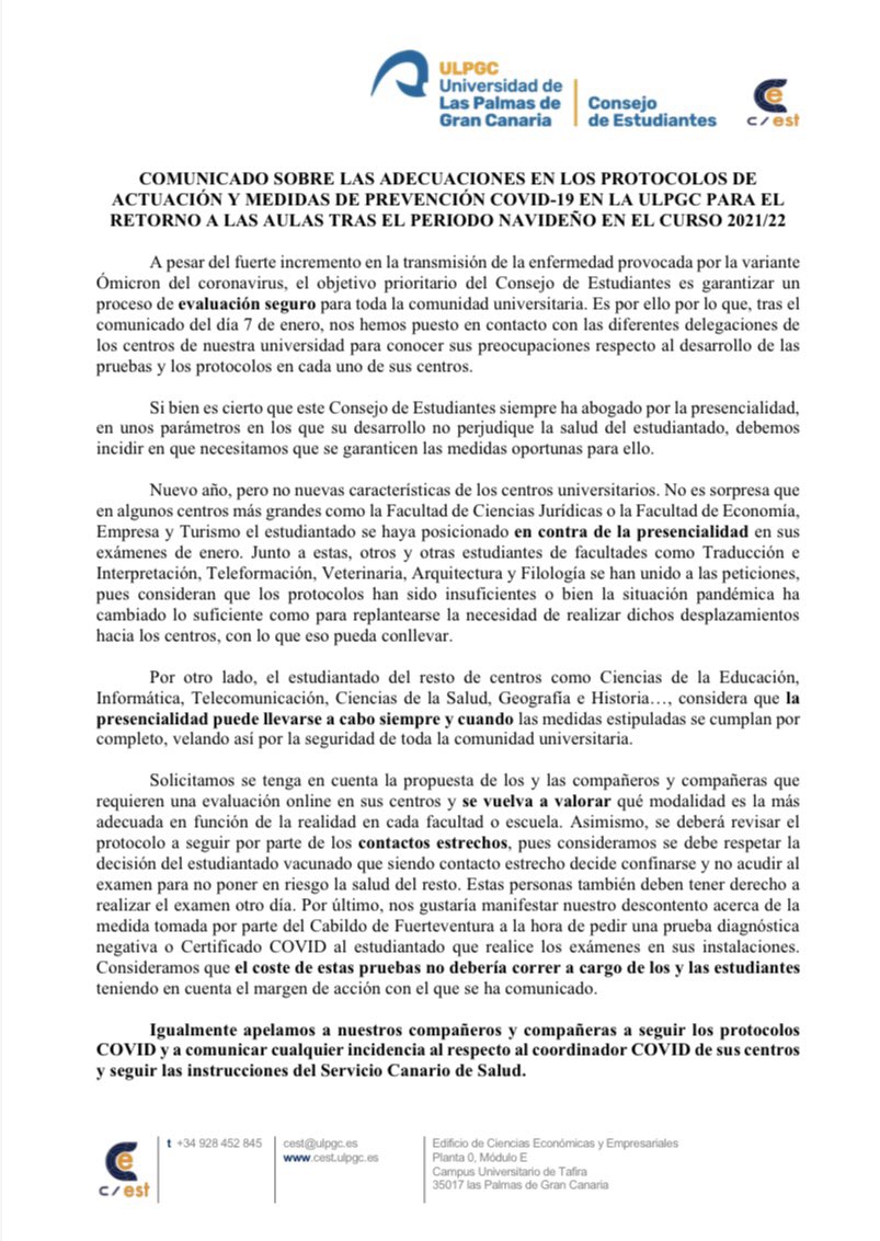 COMUNICADO SOBRE LAS ADECUACIONES EN LOS PROTOCOLOS DE ACTUACIÓN Y MEDIDAS DE PREVENCIÓN COVID-19 EN LA ULPGC PARA EL RETORNO A LAS AULAS TRAS EL PERIODO NAVIDEÑO EN EL CURSO 2021/22⬇️⬇️⬇️⬇️⬇️⬇️⬇️