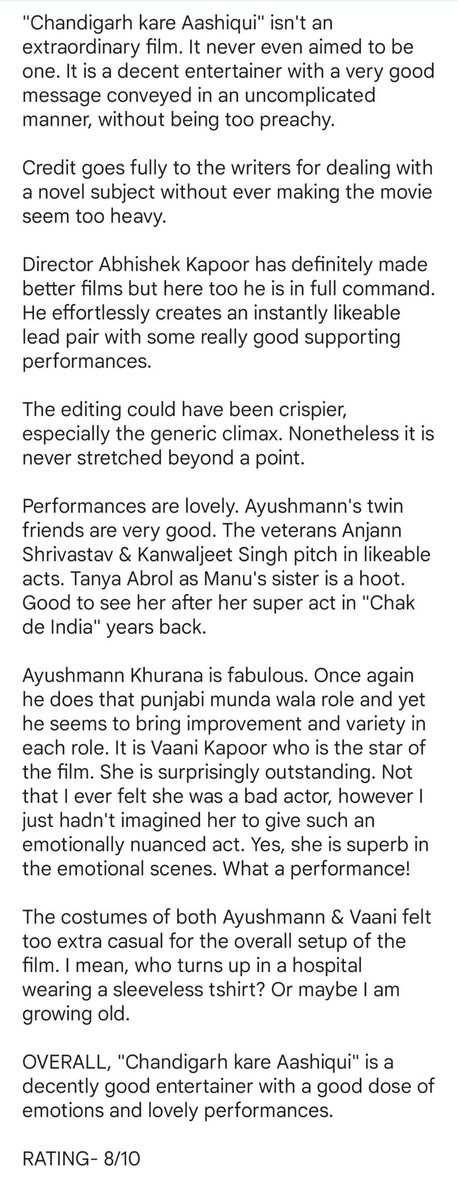 273. CHANDIGARH KARE AASHIQUI
<a href="/NetflixIndia/">Netflix India</a> 
A decent entertainer with a good dose of emotions &amp; lovely performances. Vaani kapoor is the undoubted star of the film.
My thoughts-
<a href="/Vaaniofficial/">Vaani Kapoor</a> <a href="/ayushmannk/">Ayushmann Khurrana</a> <a href="/Abhishekapoor/">Abhishek Kapoor</a> <a href="/tanyaAbrol/">tanya abrol</a> <a href="/kukuhere/">Kanwaljit Singh</a>