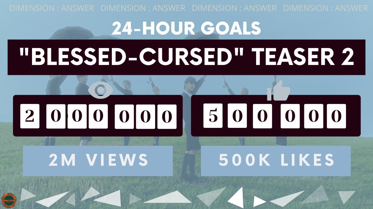 📣 TEASER 2 -24 HOUR GOALS

Here are our goals for “Blessed-Cursed” Teaser 2:
~2M Views
~500K Likes

#ENHYPEN #DIMENSION_ANSWER <a href="/ENHYPEN_members/">ENHYPEN</a> <a href="/ENHYPEN/">ENHYPEN OFFICIAL</a>
