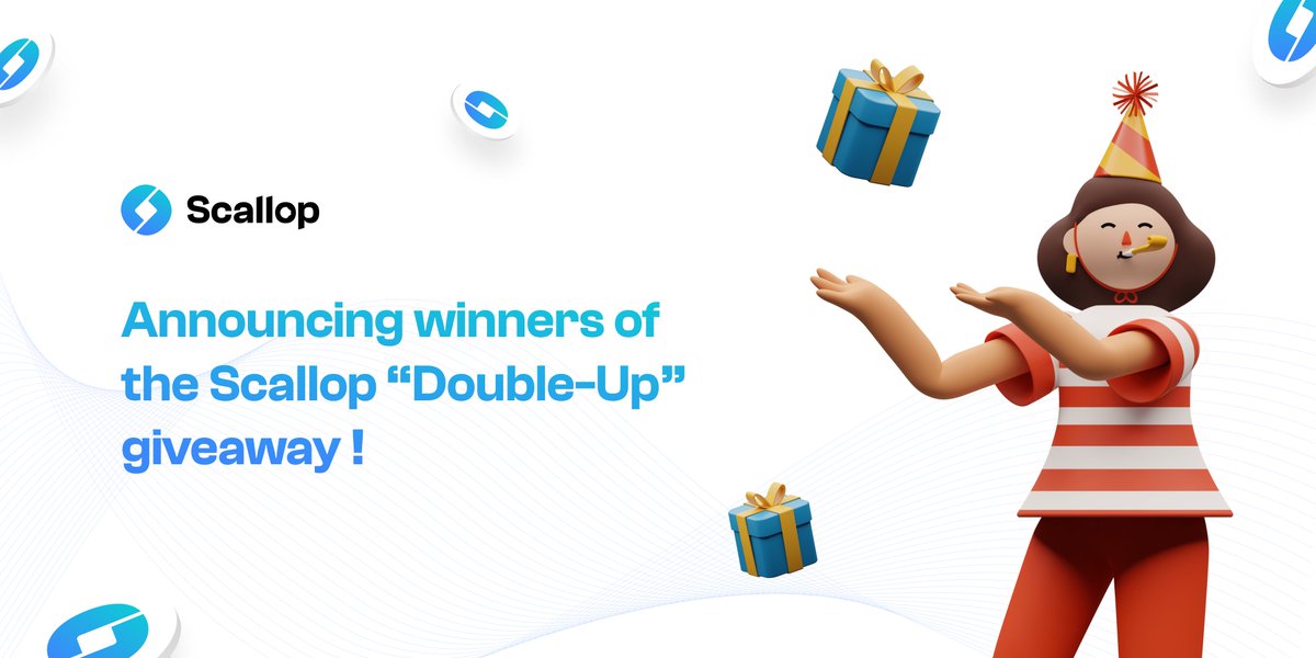 We received an overwhelming response for our #Scallop 'Double-Up' Christmas Giveaway! 🙌
 
🏆 We have our winners! The winning addresses are:
 
0xD0******34a8
0xdb******524d
0x11******5aE2
0x8E******a6dc
0xEF******8B0e
 
Rewards have been sent! 🔥

$SCLP #DeFi