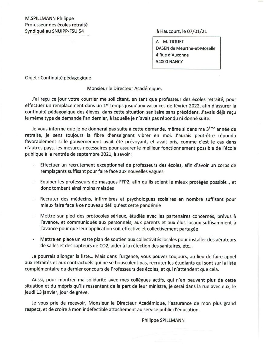 Quand un enseignant retraité répond à son Dasen qui le sollicite pour revenir faire des remplacements en pleine vague Omicron, ça donne ça 👇🏼Bravo à lui ! @SNUipp_FSU <a href="/fsu_54/">FSU 54</a> #Greve13Janvier #COVID19 #protocoletousinfectés