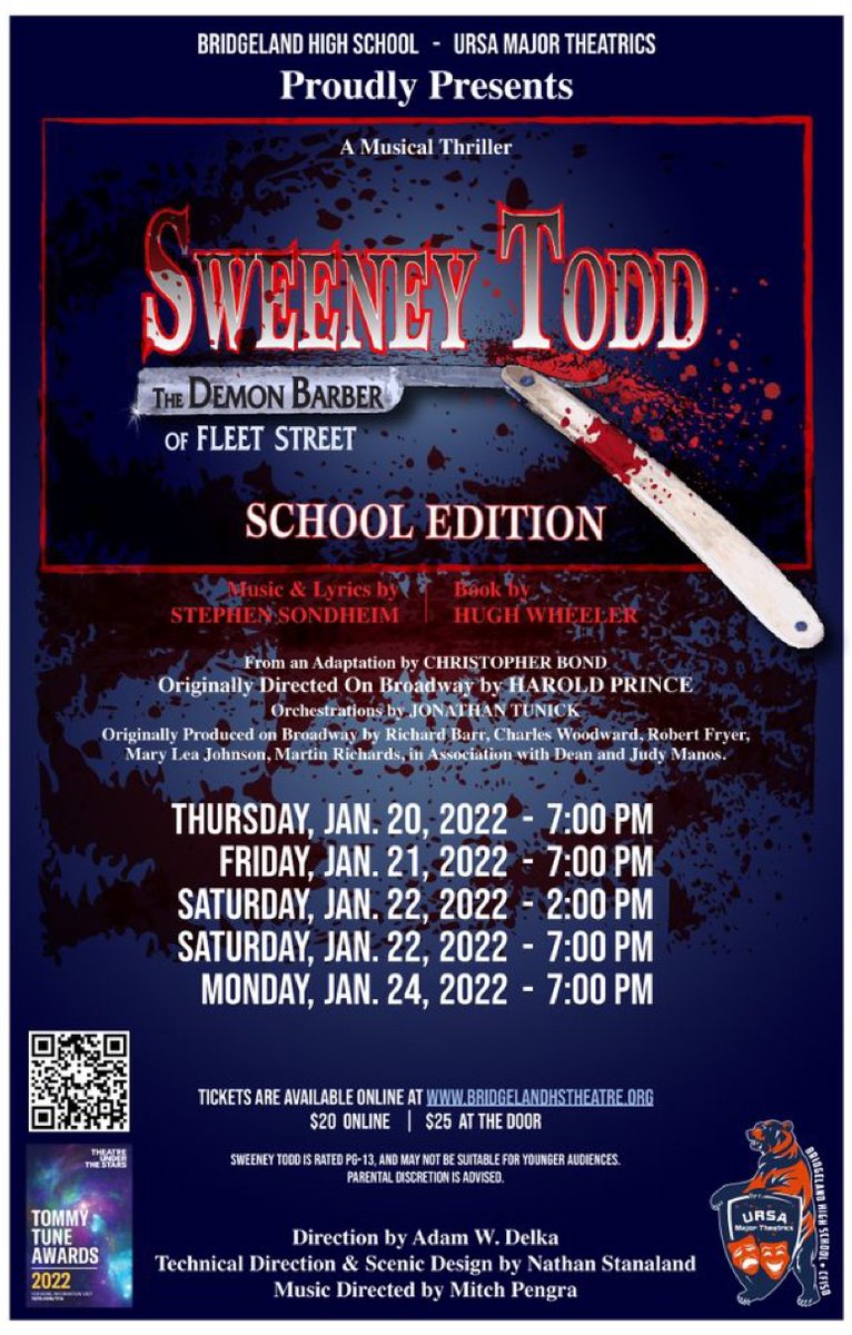 ursaboosters's tweet photo. The Demon Barber of Fleet Street is here! Come check out one of the showings of Sweeney Todd put on by the talents of Mr. Delka, Mr. Stanaland and Bridgeland's wonderful theater students!
Buy tickets at: https://t.co/yxSgz5AKG4 https://t.co/exhPhQ3jEu