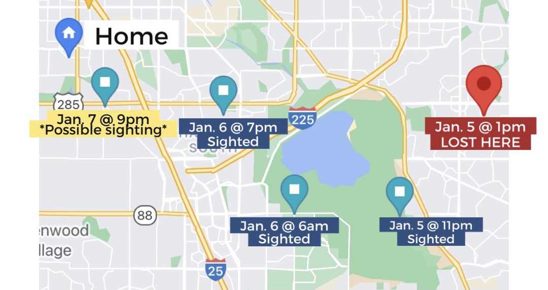 This dog of mine is something else. 

We have a reported sighting at 9pm last night at Happy Canyon at Hampden. Waiting on secondary confirmation if I can get it but gives us a great place to start today! 

We have nearly Found Fran, my friends. I appreciate all amplification. ❤️