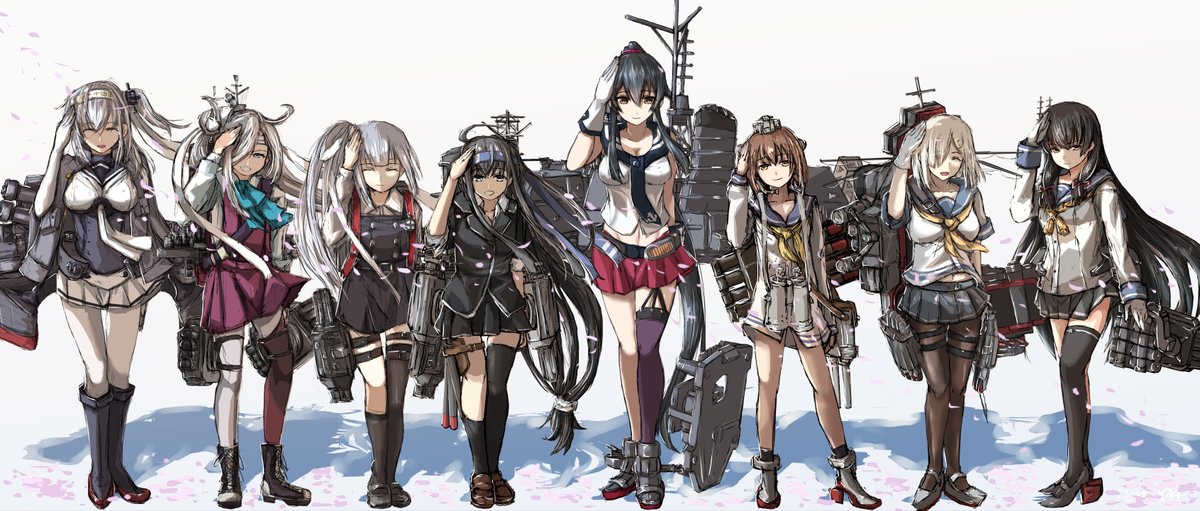 asashimo (kancolle) ,hamakaze (kancolle) ,hatsushimo (kancolle) ,isokaze (kancolle) ,kasumi (kancolle) ,kasumi kai ni (kancolle) ,suzutsuki (kancolle) ,yahagi (kancolle) ,yukikaze (kancolle) multiple girls long hair grey hair school uniform yellow neckerchief black hair skirt  illustration images