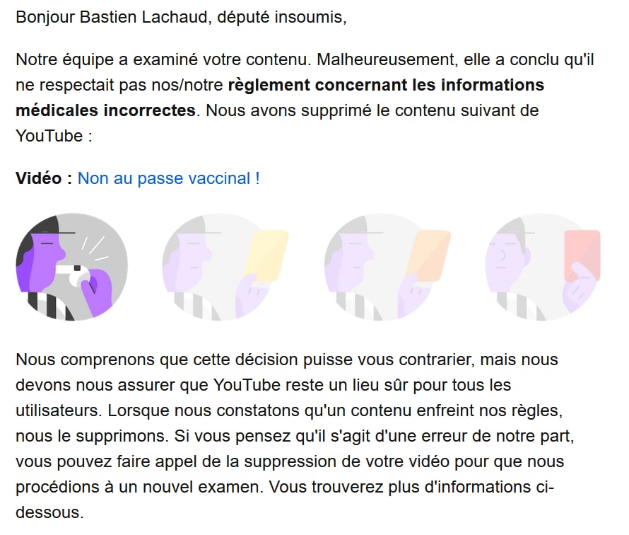 YouTube retire mon discours contre le pass vaccinal : "informations médicales incorrectes". Une entreprise Californienne peut donc censurer les propos d'un élu devant l'assemblée nationale ? Après l'autoritarisme de #macron, celui des plates-formes. La démocratie est en danger.