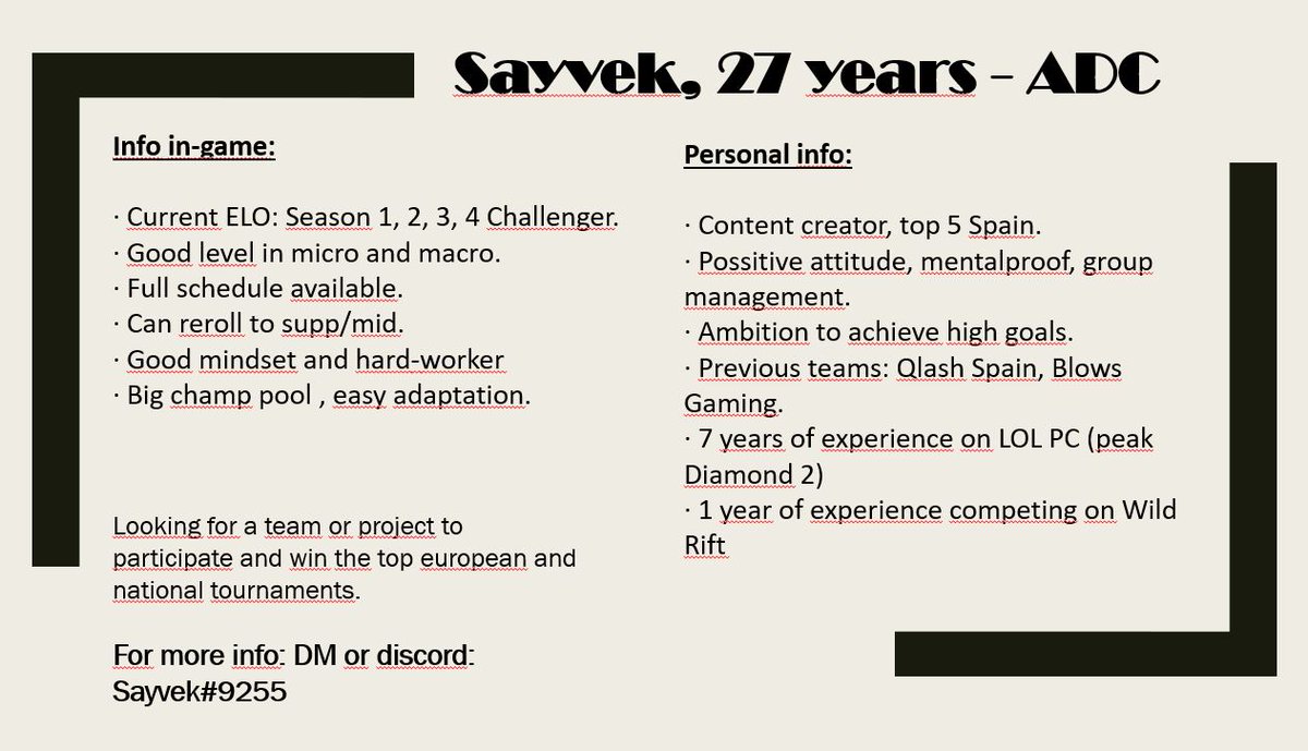 Sigo bajo contrato con @BlowsGaming pero me permiten escuchar ofertas. Busco proyecto nuevo/ya hecho, profesional, con expectativas altas y con ganas de trabajar y ganarlo todo. Mas info privado!.

Se agradece RT y difusión <3