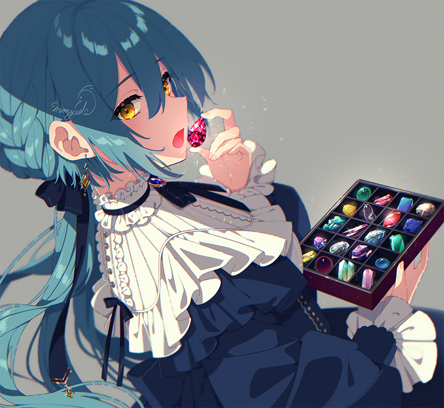 1girl solo gem yellow eyes jewelry blue hair holding  illustration images