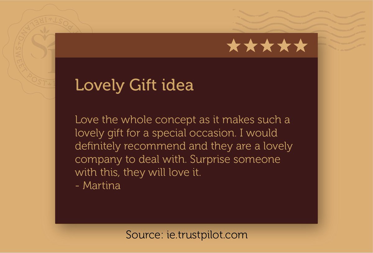 SweetPostCom's tweet photo. What do our customers say about us?
@Trustpilot review. ⭐⭐⭐⭐⭐ by Martina.
Please review us on #Trustpilot and help share smiles. We’d love to hear what you think of our service and products.
https://t.co/21HNKUwJCu
#review #sweetpost #letterbox #chocolates #smiles https://t.co/YtQuAxkV48