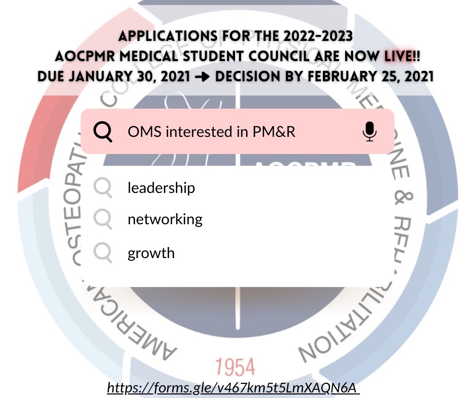 🚨Attention all #osteopathic #MedTwitter students!🚨 
Applications for the 2022-2023 #Physiatry Medical Student Council are now live!!
📆 Open till 1/30/22
🥳 Decision by 2/27/22
🦴 Open to OMS 🔗forms.gle/v467km5t5LmXAQ…
❓Reach out to us or <a href="/TheAndrewWoods/">Andrew Woods, DO, MBA</a> w/ questions!