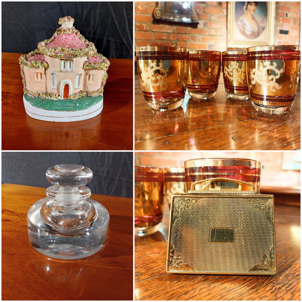 #redandgoldglasses #handbagcompact #glassinkwell #staffordshirecottage #chestofdrawers #champagneglasses #compass #snuffbox #figurines #eversleybarnantiques #judismithantiques