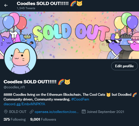 🎉 Thank you so much for 9,000 followers 🎉

Woops, not 9,000 followers... 9,000 frens 🤝❣️

This is insane #CoodFam, so many Coodles, unbelievable that we keep these milestones up. 

Eternally grateful! 🌈🐱🙏💞
