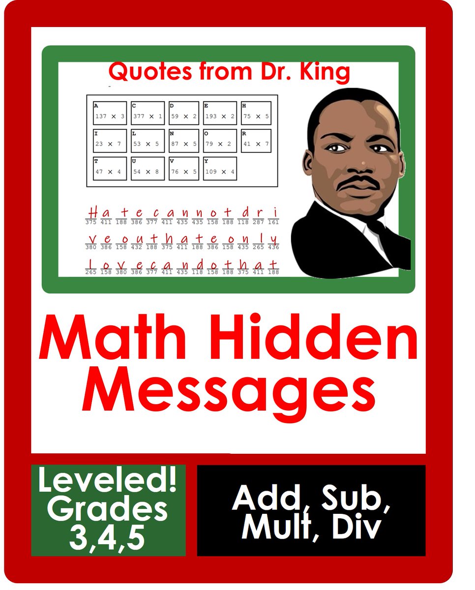 ElemTeach81's tweet photo. These FREE hidden math messages & word problems reveal real quotes/facts about Dr. King
Grades 3-5
Download here: https://t.co/JblhVgwagq
#MLK #teaching #Teachers
#satchat #satchateu #edugladiators #822chat #leadupchat #educhat #thejuicechat #nt2t #crazypln #pd4uandmde https://t.co/KOUTU69xwz