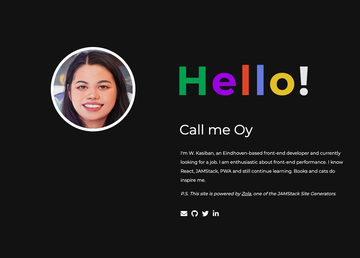 wkasiban's tweet photo. just deploy my portfolio website on Github. It was created with Zola SSG and added PWA. check this out --> https://t.co/zDIKqX83GH
#100DaysOfCode https://t.co/0um3Ulctw7