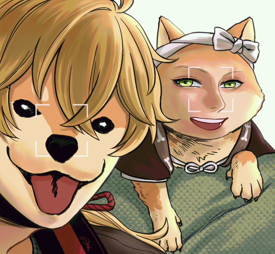 thoma (genshin impact) shiba inu dog green eyes blonde hair tongue open mouth 1boy  illustration images