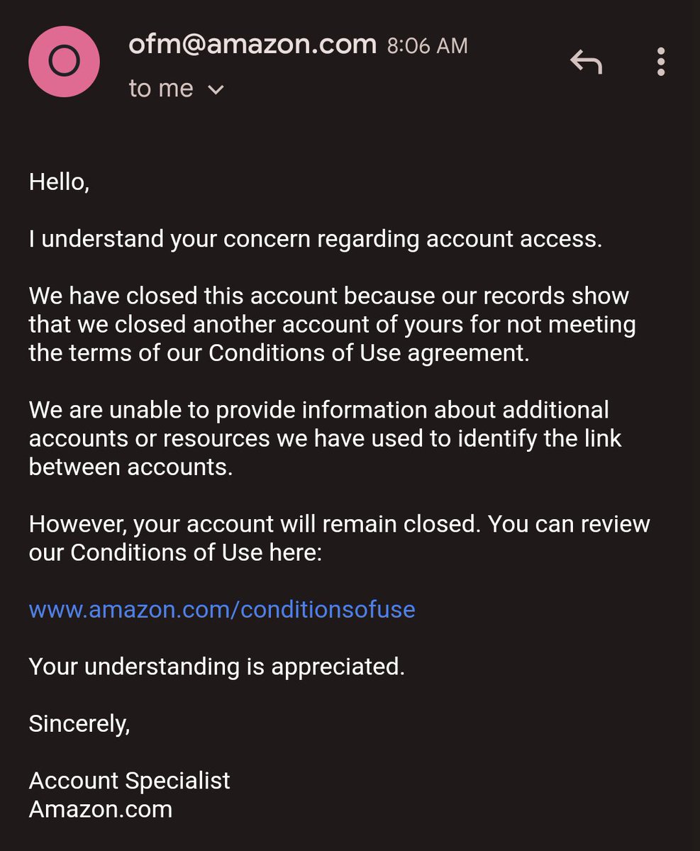 fancynancymer's tweet photo. Thanks .@amazon for closing the ONLY account I've had for 10+ years with no explanation and customer support who have no idea why it was closed and can't help. Even the person I spoke to said "this must be a mistake." THEN FIX IT. https://t.co/CXt7VxQFL9