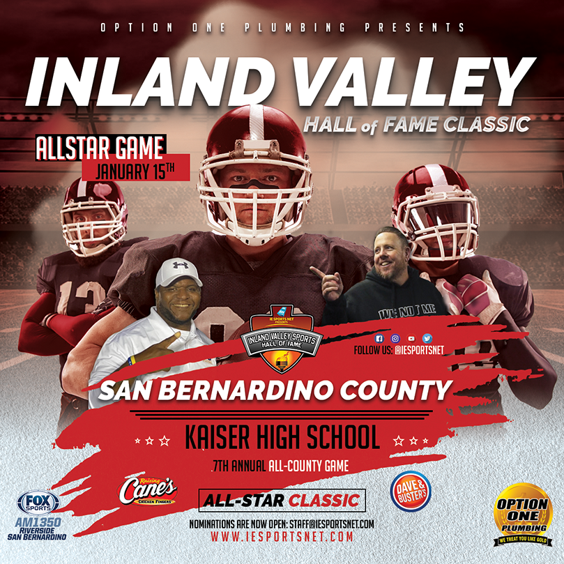 IESportsNet's tweet photo. 7th Inland Valley Classic 🏈✅
San Bernardino County All-Star Game
Coaches: @CoachFleming_HC &amp; @CoachCardosi
🗓 January 15, 2022 📍 Kaiser High
Sponsored by: @Option1Plumbing https://t.co/4cbBYlzoEP