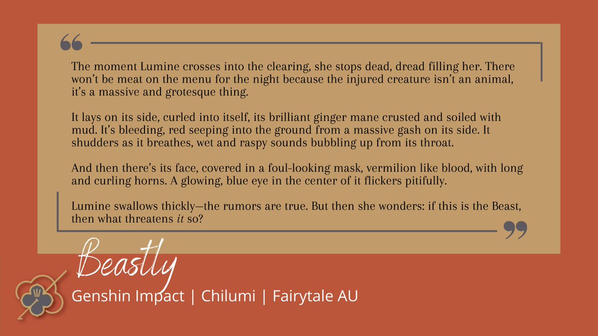 [#GenshinImpact, #Chilumi]

While searching for her missing brother, Lumine wanders into a large forest in Snezhnaya, only to come across an Ancient Beast of yore. Written for <a href="/chilumiyuanfen/">Viatrix Caeli: a Chilumi Zine ✨ RELEASED!!</a> .
---
I have been dying to share this fic because it's just so good. Fic linked below.⬇️