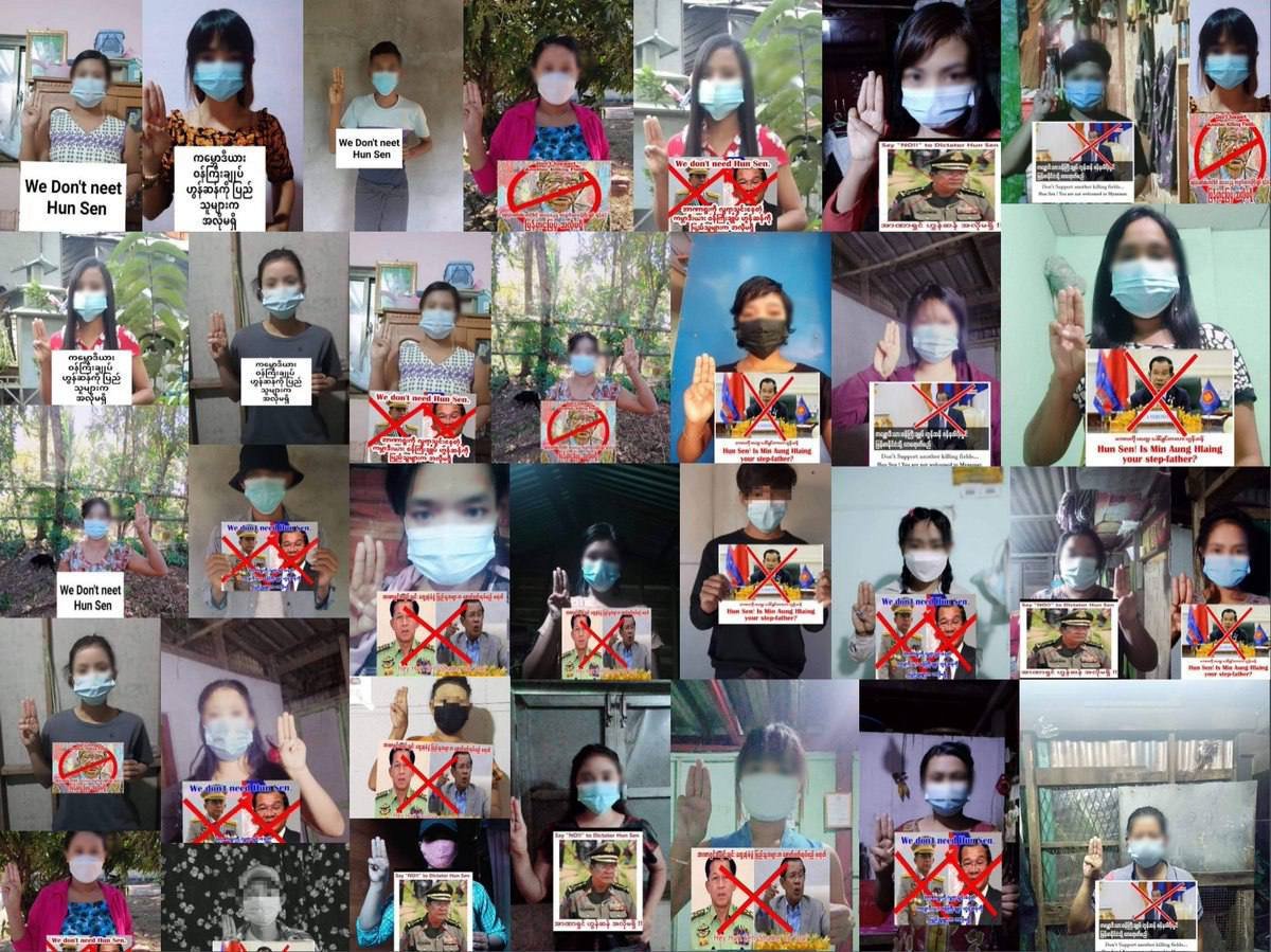 EiThinZarMaun14's tweet photo. Members of Federation of General Workers Myanmar staged a domestic photo strike against Cambodia Prime Minister Hun Sen who is supporting Genocidal Myanmar Junta.
#ShamelessHunSen
#2022Jan8Coup
#WhatsHappeningInMyanmar https://t.co/Hd26JQ3uo5 https://t.co/oLu8mzGCIT