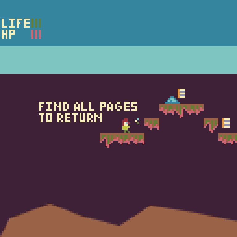 Lost Pages. A platform game. Pictured here is the player character receiving instructions from a fairy ("Find all pages to return"), a slime and two pages.