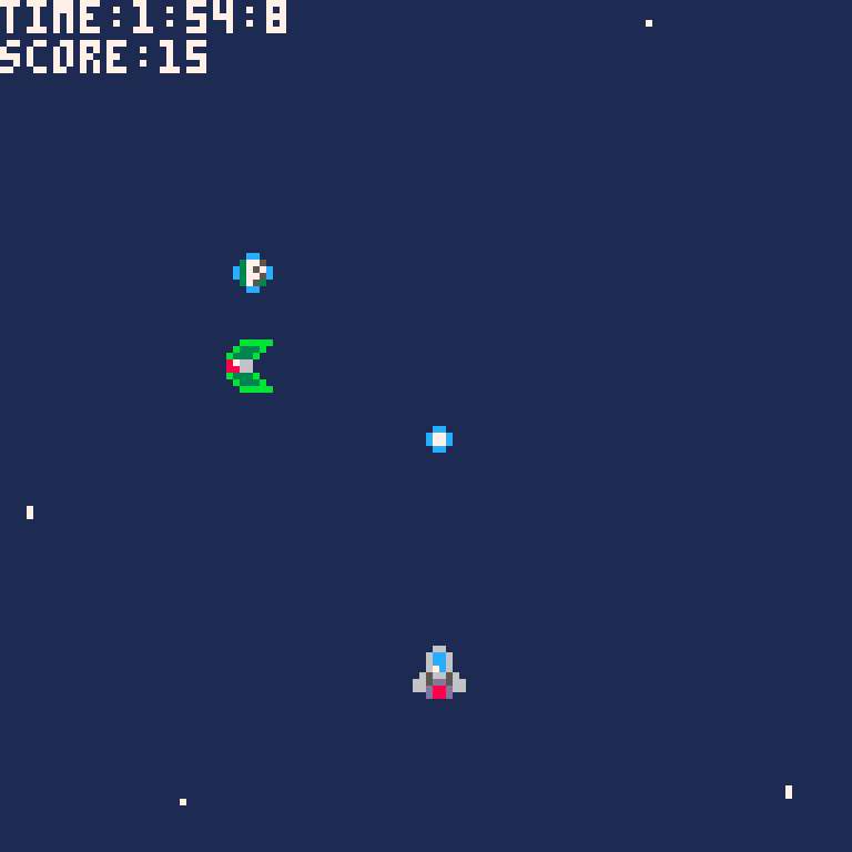 Palmix Wave. Vertical shump game. Pictured here is the player ship shooting enemies and a powerup.
