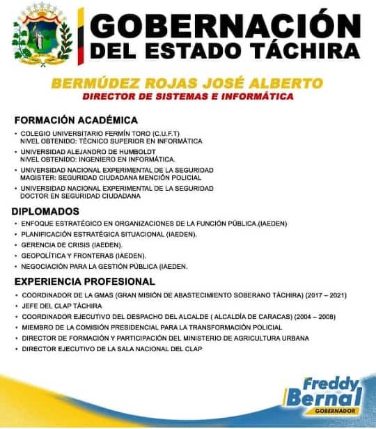 Felicitamos a nuestro Jefe <a href="/BermudezJoseA/">Bermúdez José</a> por la designación recibida por el Gobernador <a href="/FreddyBernal/">Freddy Bernal</a> como Director de Sistemas de la Gobernación del #Tachira y del cuál estamos seguros continuará exitosamente trabajando por nuestro estado ¡Seguimos Venciendo!
#TachiraEsTuMomento